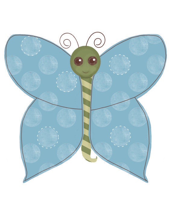 Baby Blue And Green Polka Dot Butterfly Print Sweet Wall Art For Nursery Or Little Girl's Room