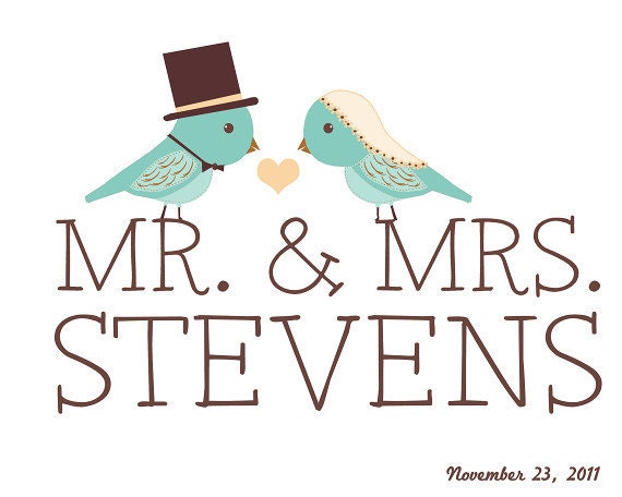 Love Birds Personalized Couple Mr. And Mrs. Name And Date Art Print For Newlyweds, Just Marrieds, Anniversary Or Wedding Gift or Decoration
