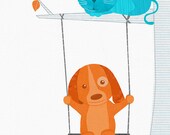 Cat And Dog On A Swing Nursery Art Print, Animal Print, Children's Wall Art, Art For Little Boys And Girls, Colorful Cute Kid And Baby Decor