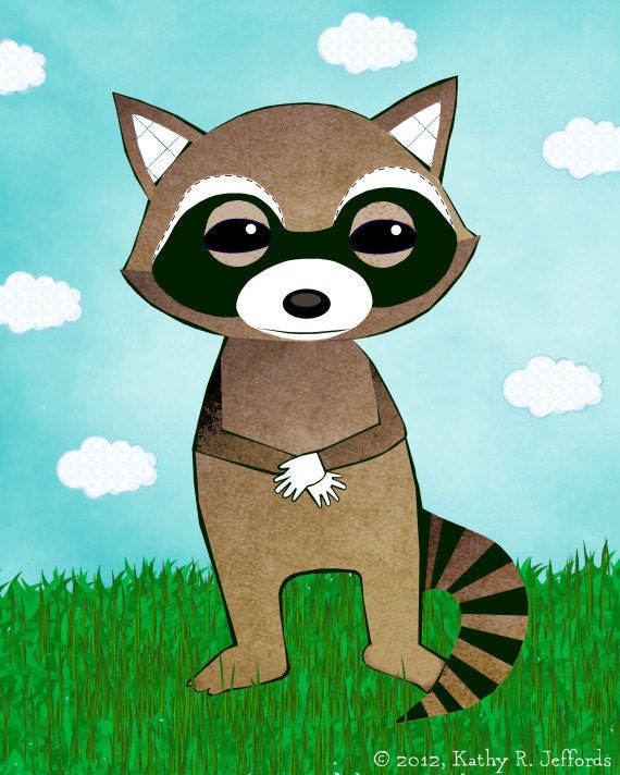 Raccoon Art - Cute Raccoon Print, Children's Art, Kids Wall Art, Baby Decor, Woodland Nursery Art, Blue Green And Brown, Little Boy Room