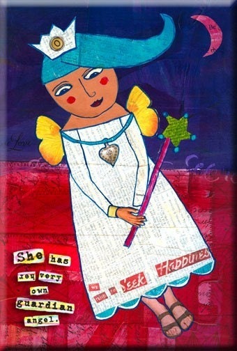 FOLK ART MAGNET. She Has Her Very Own Guardian Angel. A Collage for girls who need to know that someone is looking out for them.