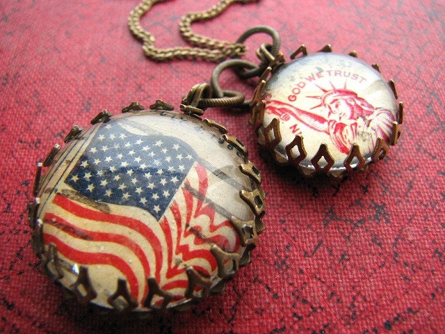 God Bless America Vintage Postage Stamps Charm Cluster Pendant Necklace