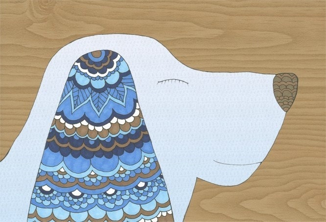 SALE - Basset Hound - Dog Art 8x10 - Blue Brown Woodgrain - Boy Bedroom or Nursery Decor