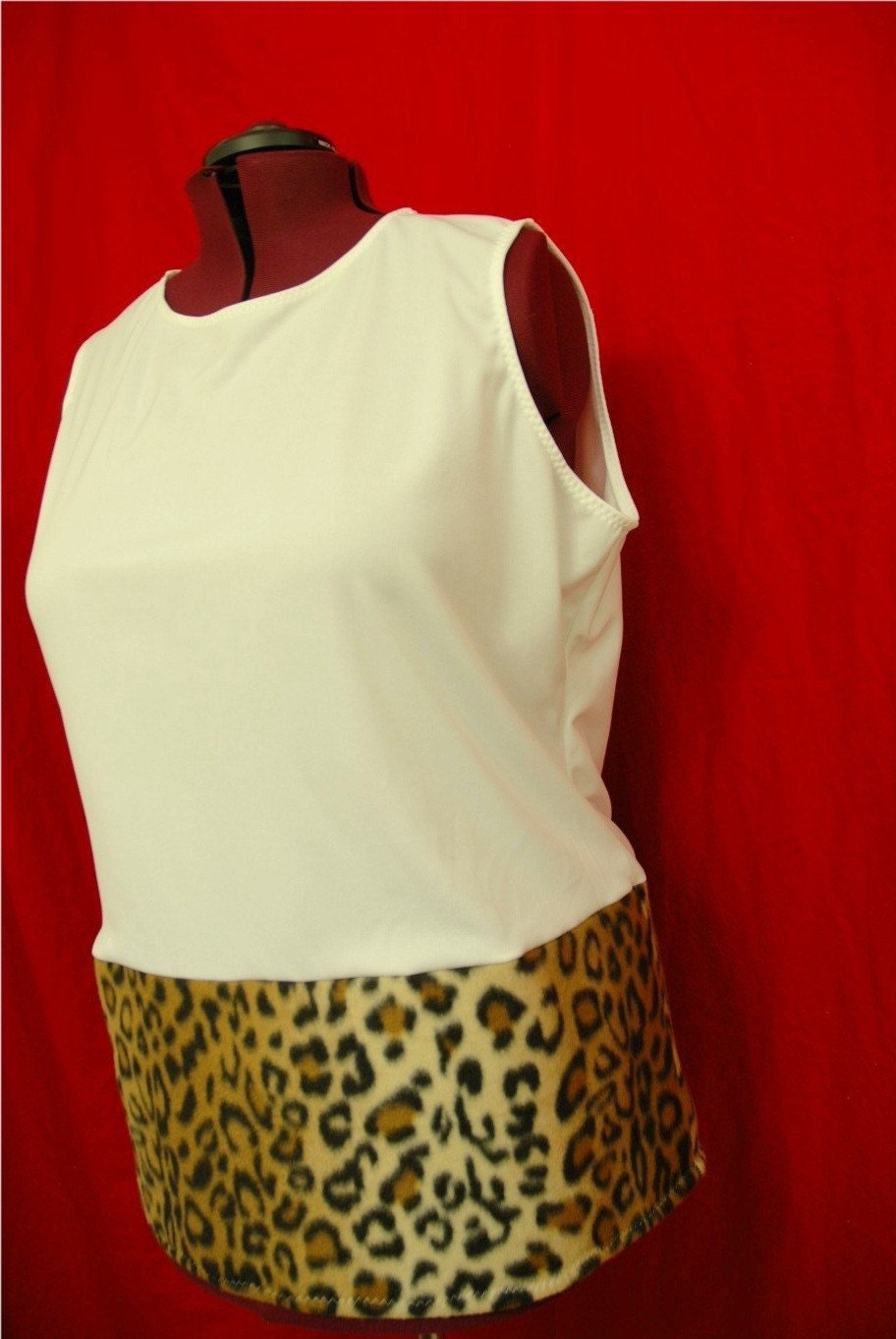 Edie Vintage Leopard Fleece Animal Print Beatnick Trim Plus Size Bohemian Tank Shell Top 2X