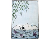 Etching Print Hand Painted Ophelia William Shakespeare Hamlet violet flower