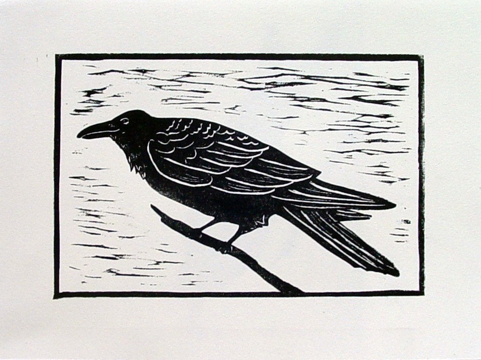 Raven original linocut print