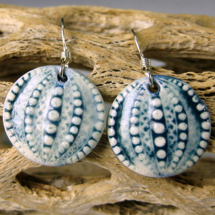 Peacock Blue Porcelain Sea Urchin Earrings With Sterling Silver Earwires