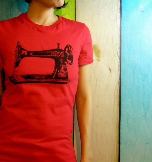 Womens sewing machine tshirt screenprint ladies fashion shirts - sew a go-go -red and black vintage sewing machine graphic