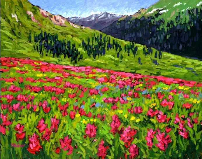 Mountains with Indian Paintbrush- Abstract, Huge Contemporary Acrylic on a Extra Large Canvas Commissioned Painting by Patty Baker