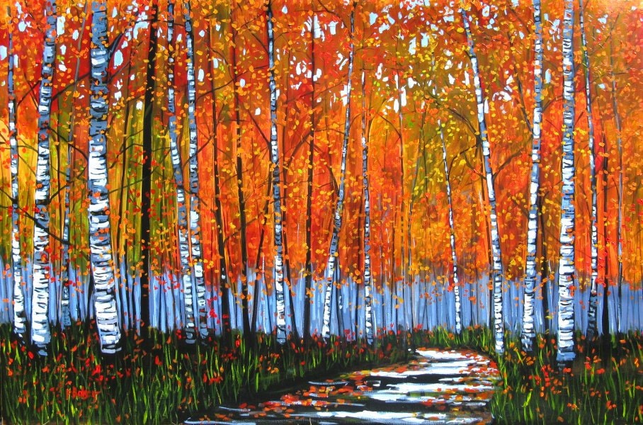 Autumn Path with Birches - Huge Contemporary Original Acrylic Landscape on a Extra Large Canvas by Patty Baker