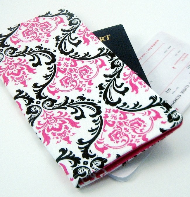 Travel Passport Wallet in Hot Pink and Black Damask boarding pass case