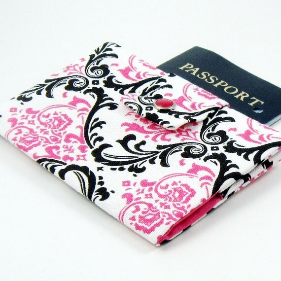 Deluxe Snap Passport Cover - Hot Pink and Black Damask