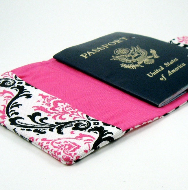 Deluxe Snap Passport Cover - Hot Pink and Black Damask