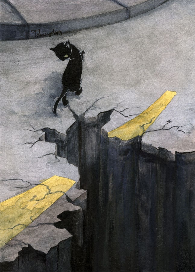 8x10 "Disaster-Bound" Fine Art Print. Black Cat Crossing Road. Superstition Art for Home or Office
