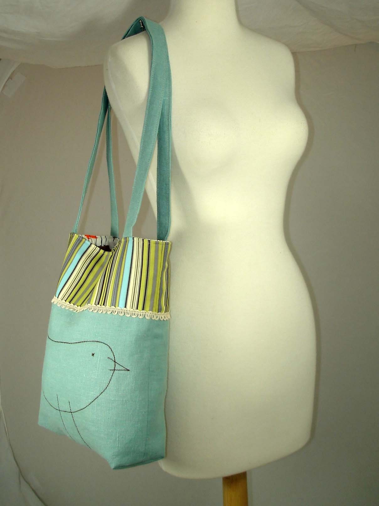 SALE-Reversible Linen Bird Bag