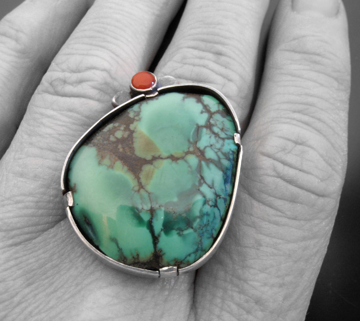 Tidal Pool Ring Sterling Silver Turquoise and Coral