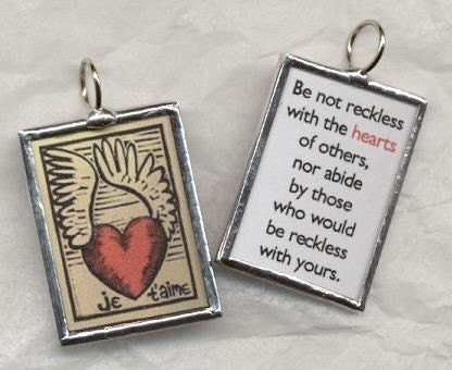 French I Love You WING HEART Art Glass Pendant
