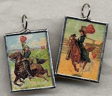 Vintage Valentine COWBOY and COWGIRL LOVE Art Glass Pendant