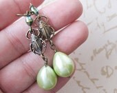 Green Pearl Dangle Earrings - Darling Scarab - Egyptian - Bug Earrings