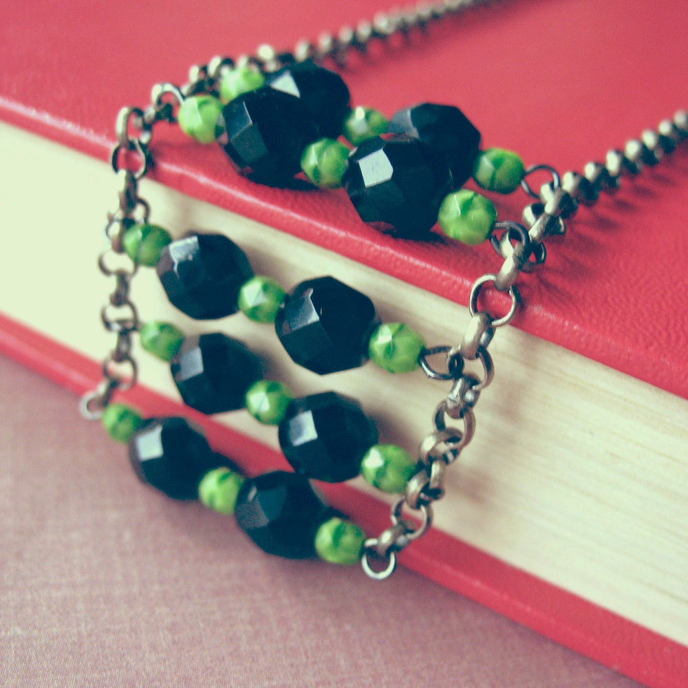 Black Green Beaded Long Necklace - Wicked Long Strand - Enchanted Side Show