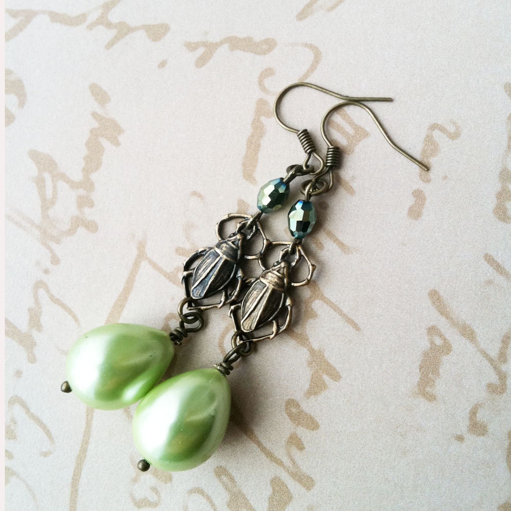 Green Pearl Dangle Earrings - Darling Scarab - Egyptian - Bug Earrings