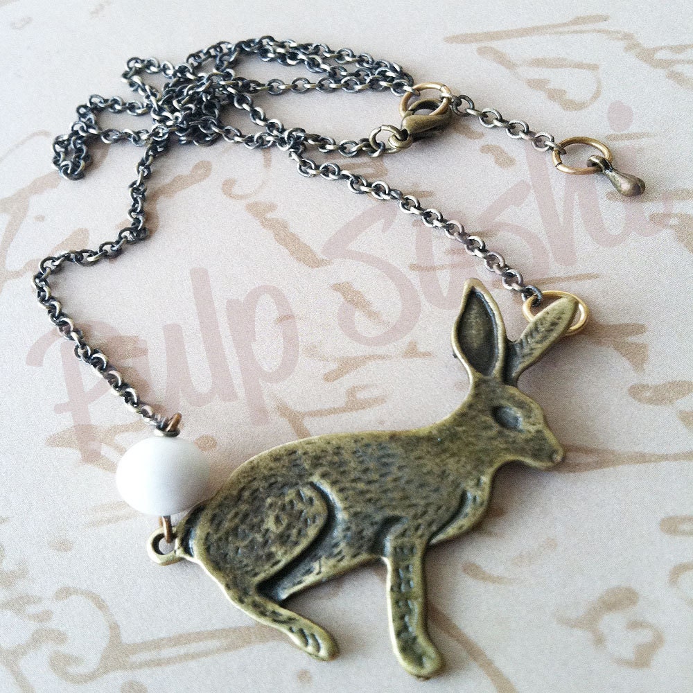 Bunny Rabbit Necklace Antique Brass Necklace - Some Bunny Loves You - Vintage Inspired