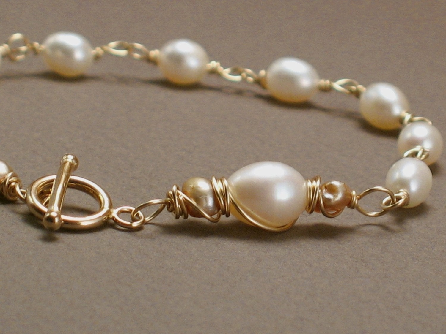 Godiva Bracelet - Ivory and Champagne Pearls Wirewrapped on 14k Goldfill