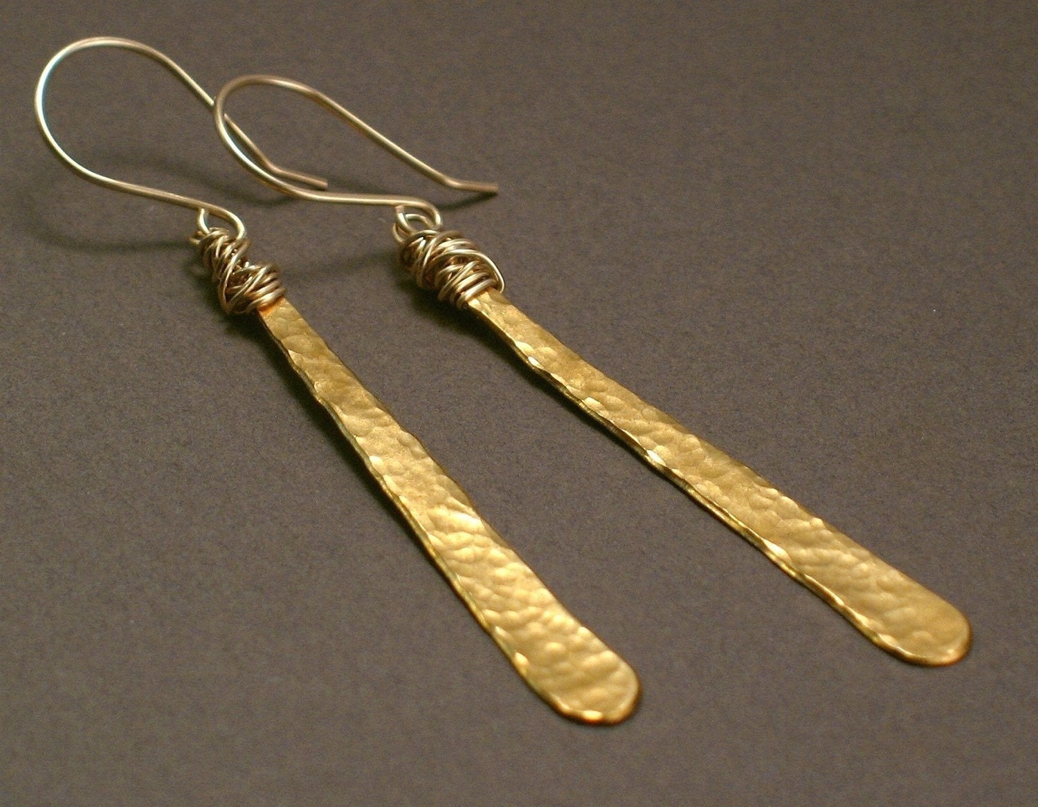 Thora - Long Hammered Brass Earrings with 14k Goldfill