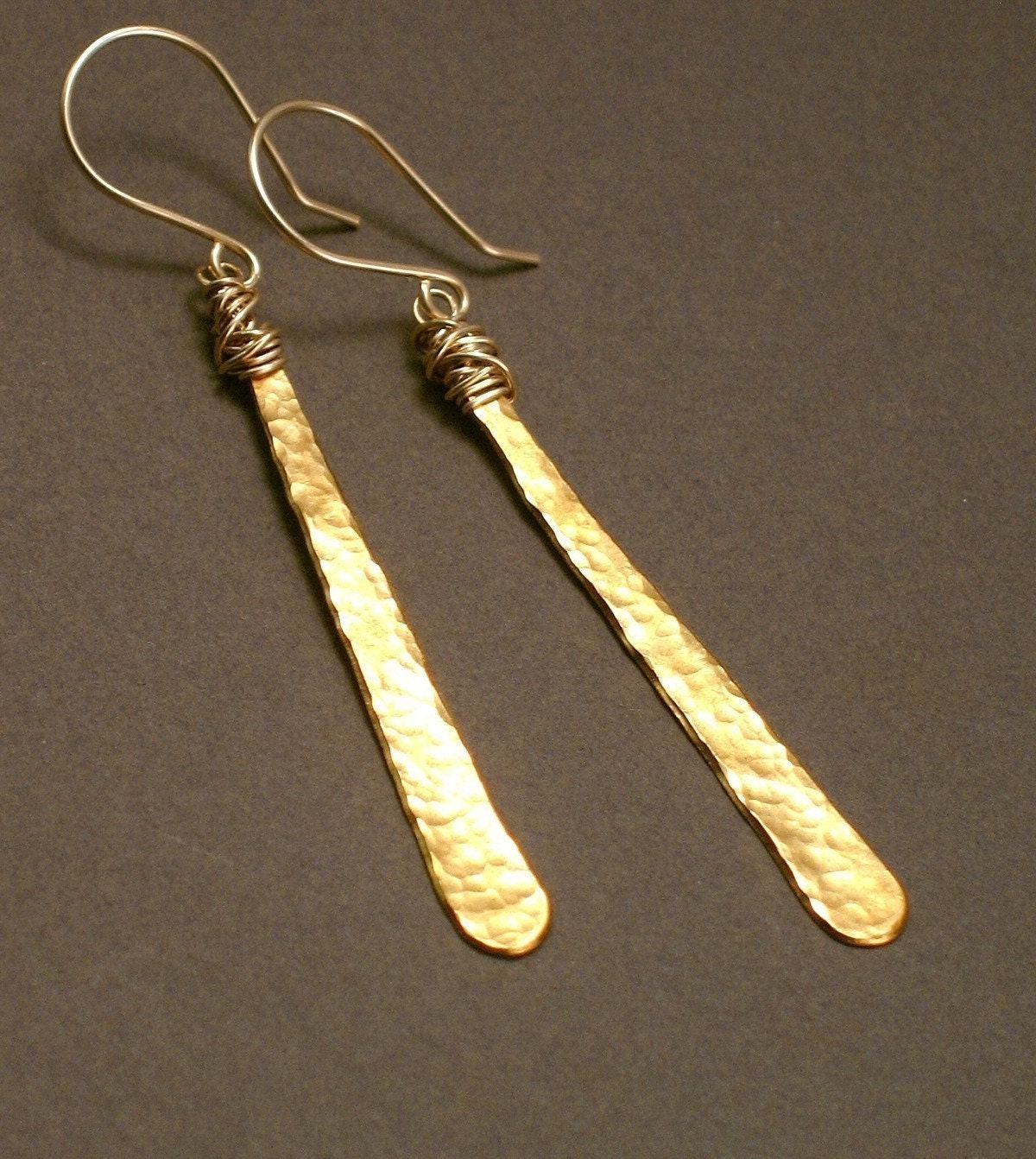 Thora - Long Hammered Brass Earrings with 14k Goldfill