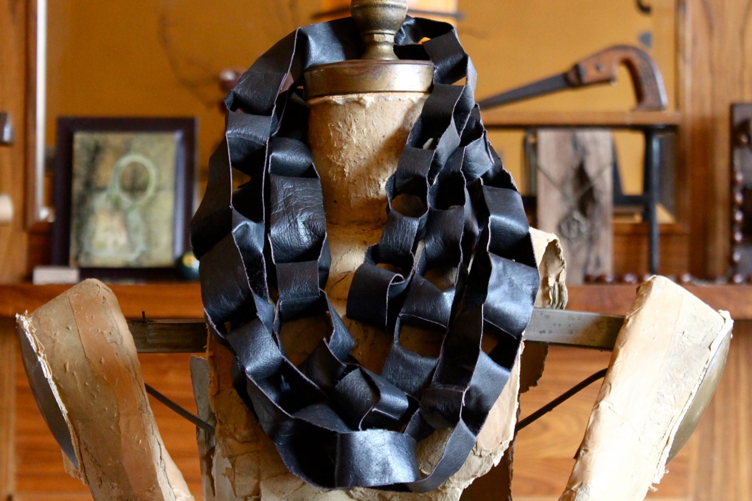 hand made black soft kid leather chain fashion scarf ,necklace,neck wrap,hip wrap