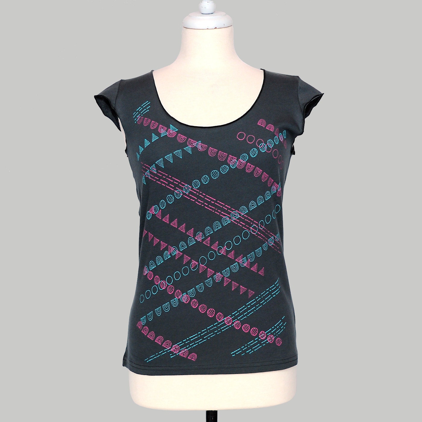 SALE Dot Dash, Geometric Design, Asphalt Scoop Neck Tee, Hand Screen Printed by Maryink