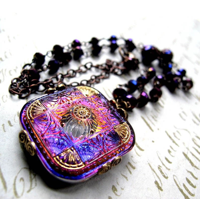 Square Purple Gold Czech Glass Button Filigree Necklace