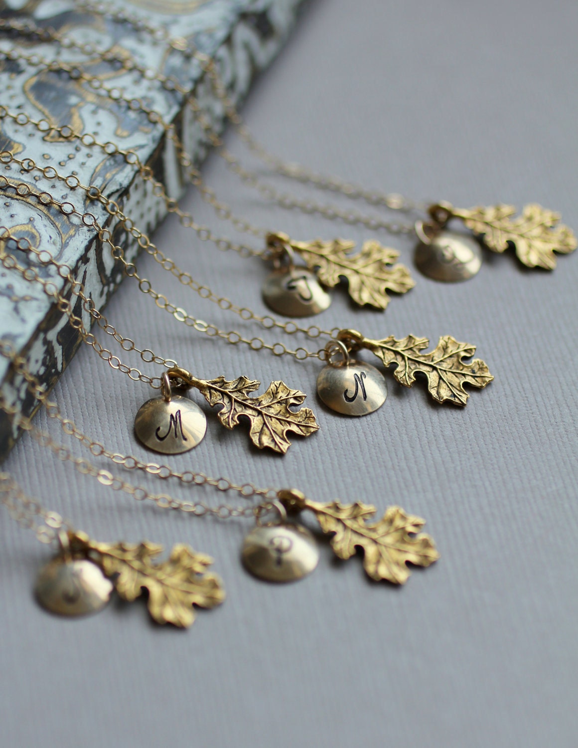 Set of Seven Bridesmaid Necklaces, Oak Leaf Necklaces, Gold Leaf Pendant, Personalized Initial Charm on 14k gold chain, Autumn Wedding