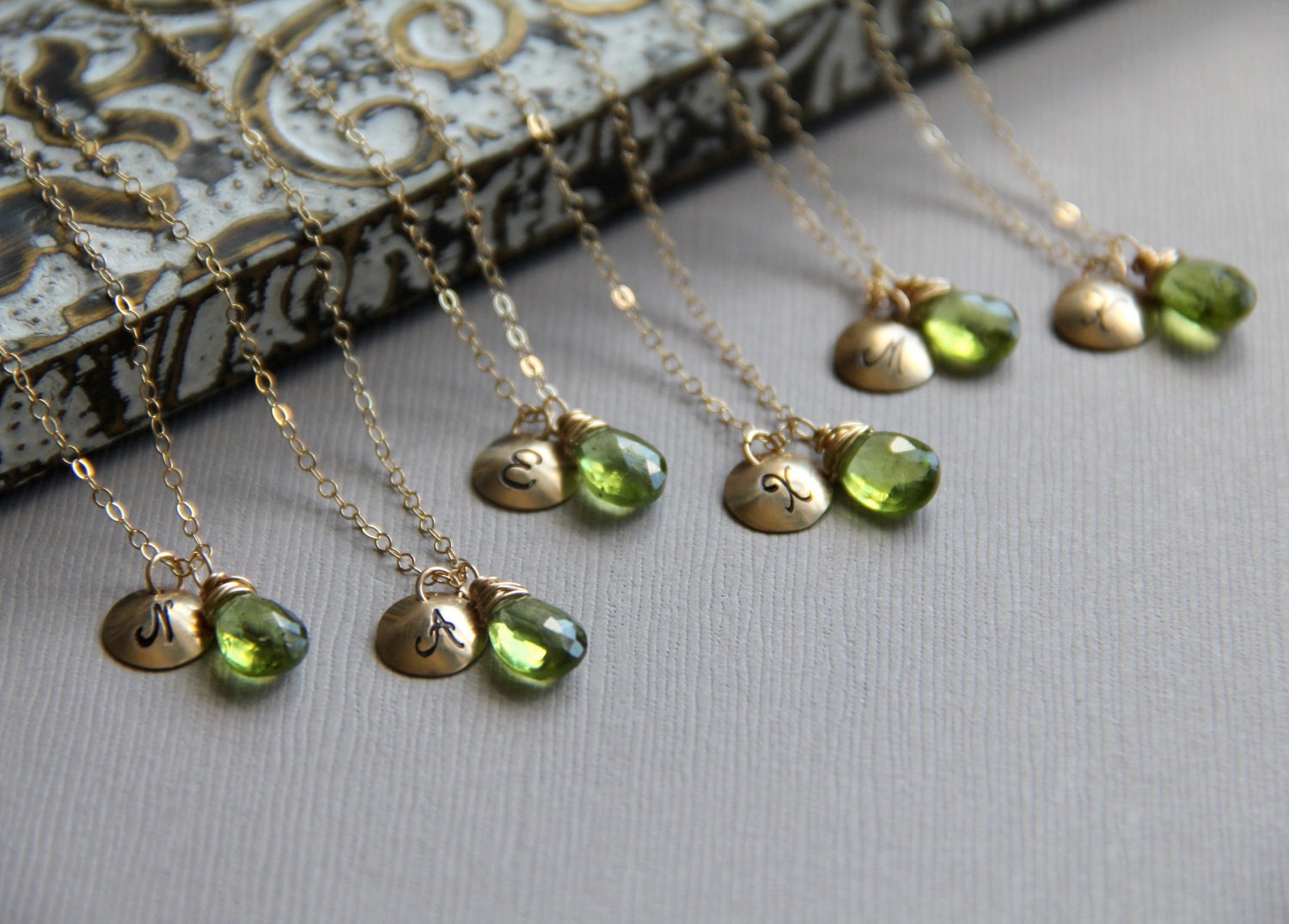 Bridesmaid Necklaces, Personalized Bridesmaid Gifts, Monogrammed Initial Pendant, Set of Six, Choice of Birthstone & Initial, 14k gold fill