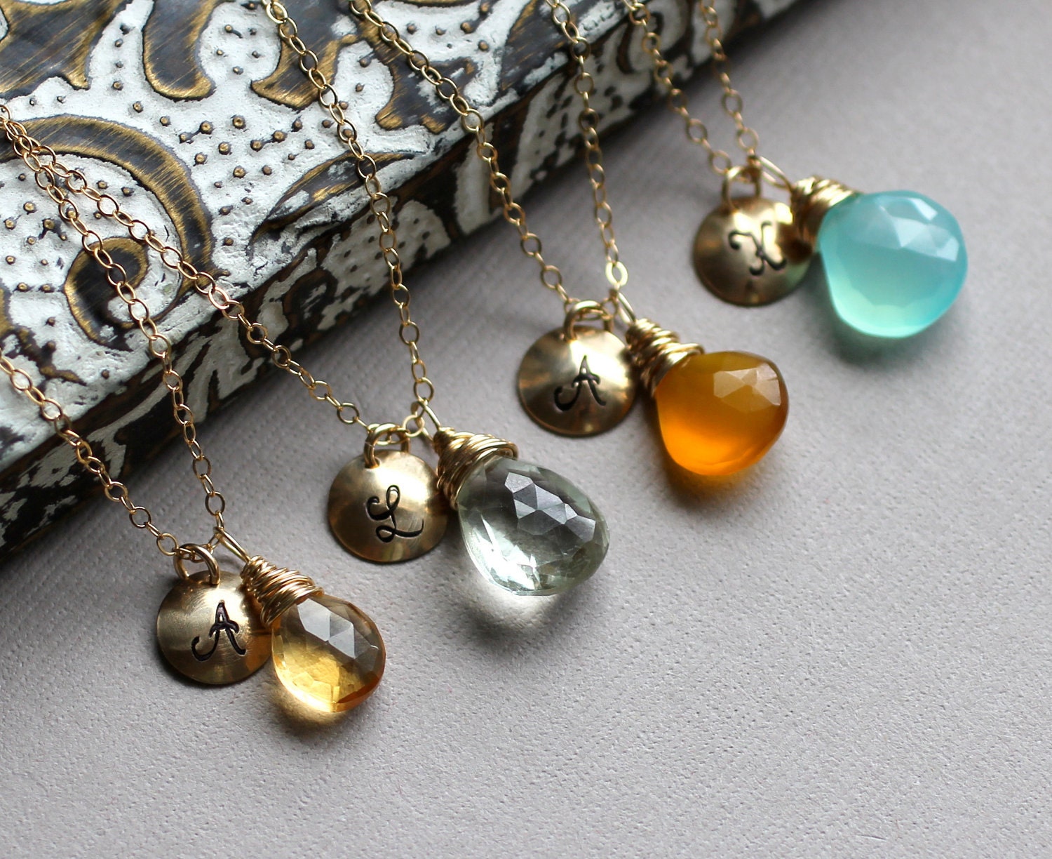 Bridesmaid GIFT SET of FOUR Monogram and Gemstone Necklaces - Custom Stone & Initial Personalized Keepsake Necklace - 14k gold fill chain