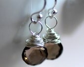 Smoky Quartz Earrings, Sterling Wire Wrapped Earrings, Sterling Silver, Faceted Briolette Earrings, Rootbeer Brown, Chocolate Brown