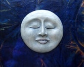 Moon on Blues Mixed Media Abstract Hand Sculpted Clay Moon Face