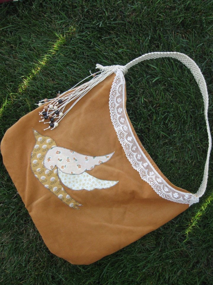 Vintage Pumpkin Lace Peace Dove Corduroy Hobo One Of a Kind