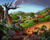 11x14 Autumn Farm Landscape Folk Art Rustic Rural Country Americana  Americana Print Squirrel Wheat Harvest Walt Curlee
