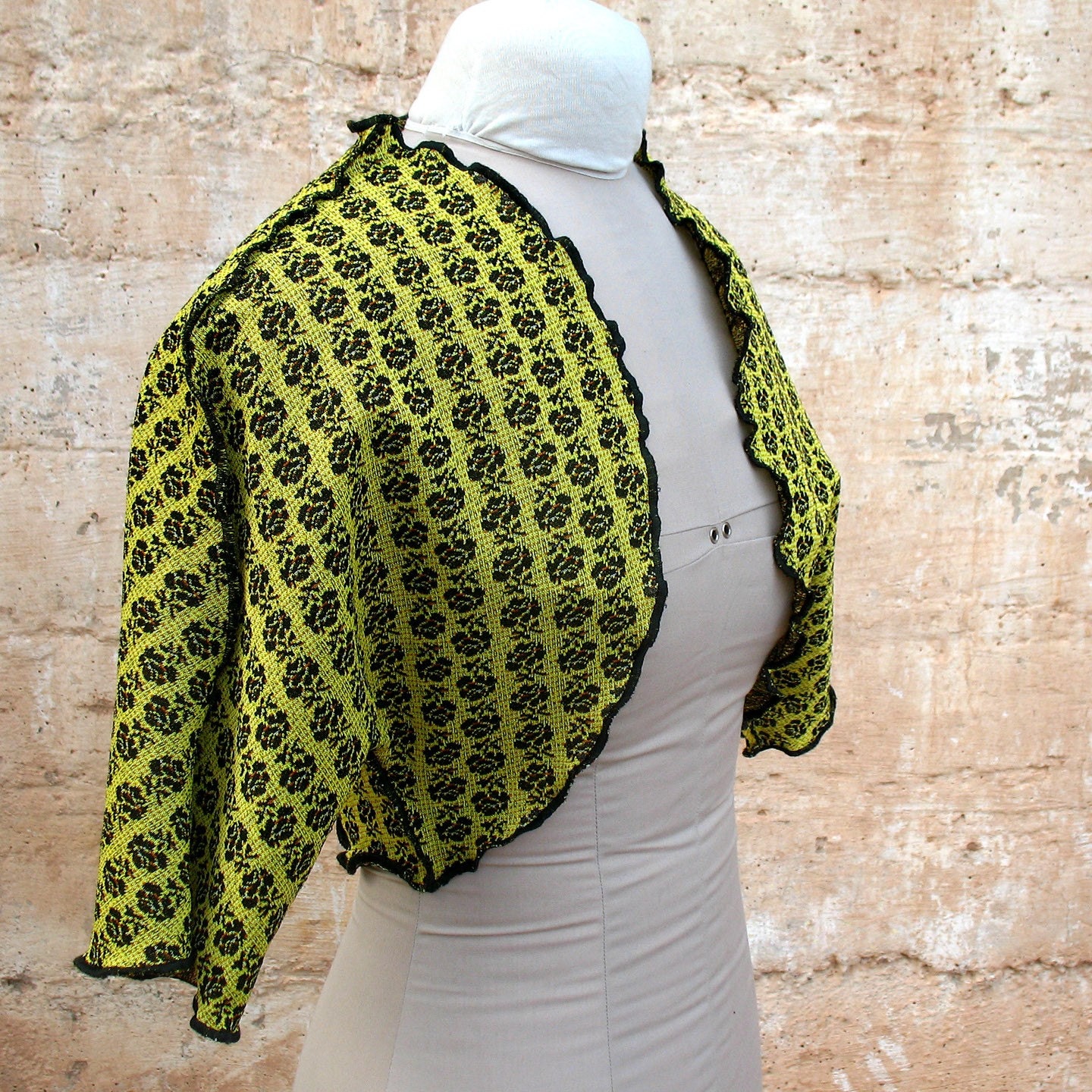 Black Rose Blacklight Shrug - Yellow DIY Benday dots Womens Shrug from Vintage 1960s fabric crazy punk Blacklight