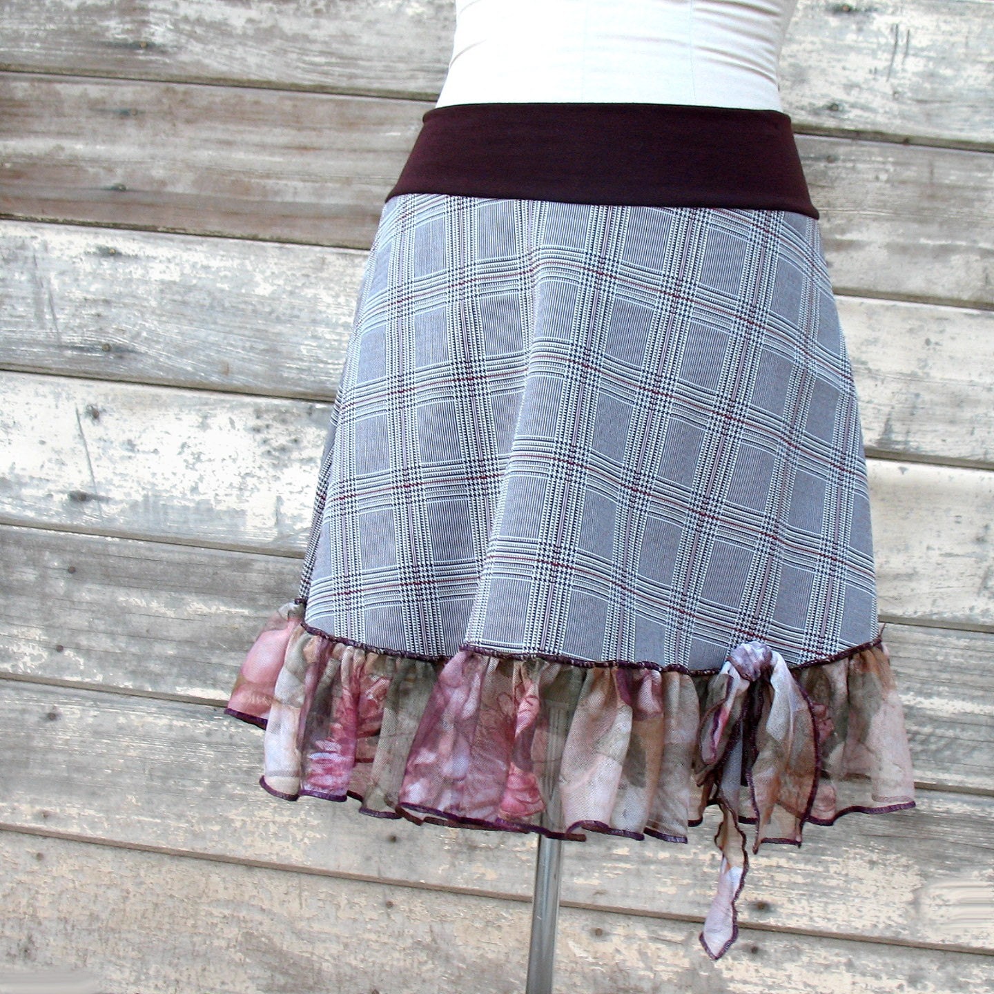 Plaid Roses Skirt Office Fashion brown plaid  menswear Vintage Fabric skirt womens mini Fall Fashion Custom SIze Sm Med Lg upcycled clothing
