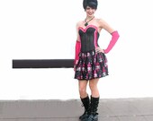 Sweet Heart Bones Black Bustier Dress vintage reconstructed corset dress Pink Flames Skulls  upcycled clothing OOAK goth ruffle clothing