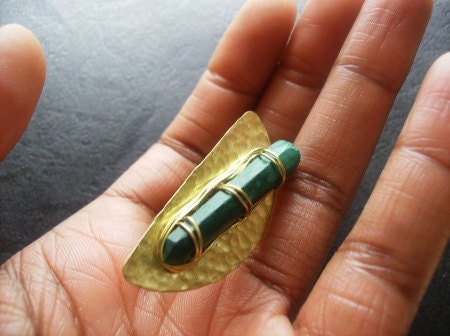Malachite and Hammered Brass Ring - Adjustable OOAK