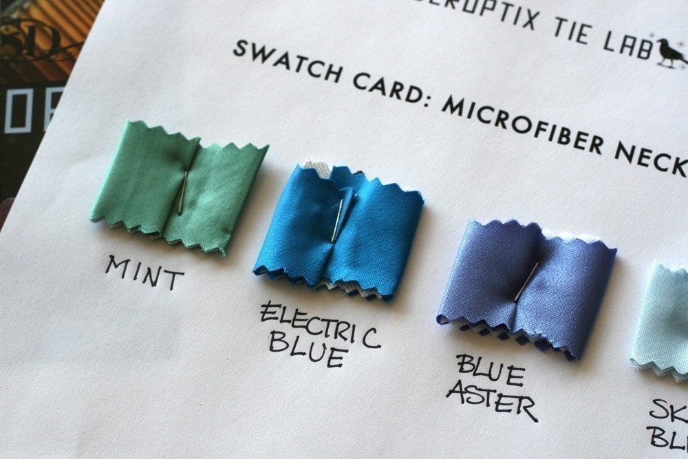 4 swatches, microfiber fabric samples. Color card for custom orders. Perfect for groomsmen ties. Choose from 56 colors.