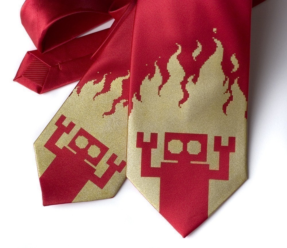 Robot Inferno red necktie, Diesel Sweeties. Standard or narrow width men's tie.