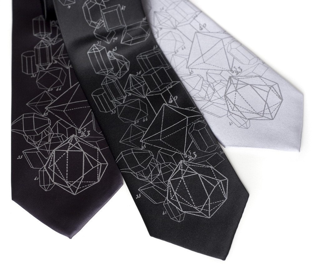 Crystal Math tie. Crystalline formation silkscreen necktie, taupe ink. Choose standard or narrow.