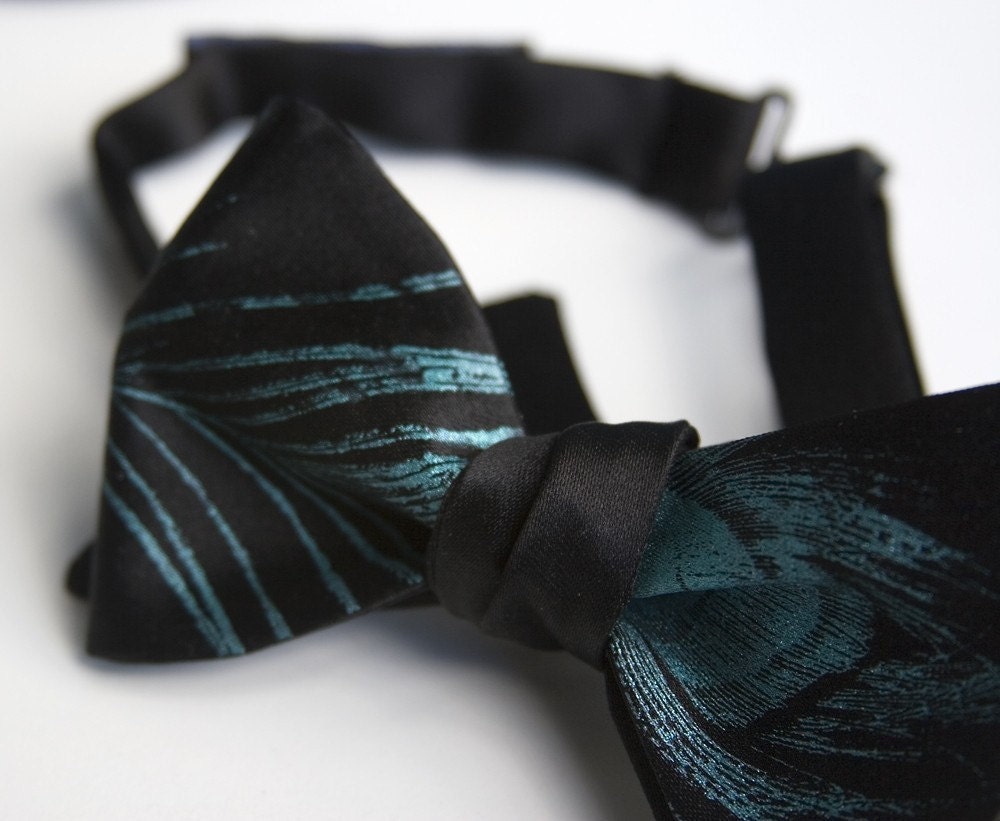 Peacock feather bow tie. Self-tie  men's bowtie. Black necktie, teal ink.
