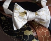 Oh Honey bow tie, self-tie. Silkscreened honeybees. Cream tie, gold ink. Men's bow tie.