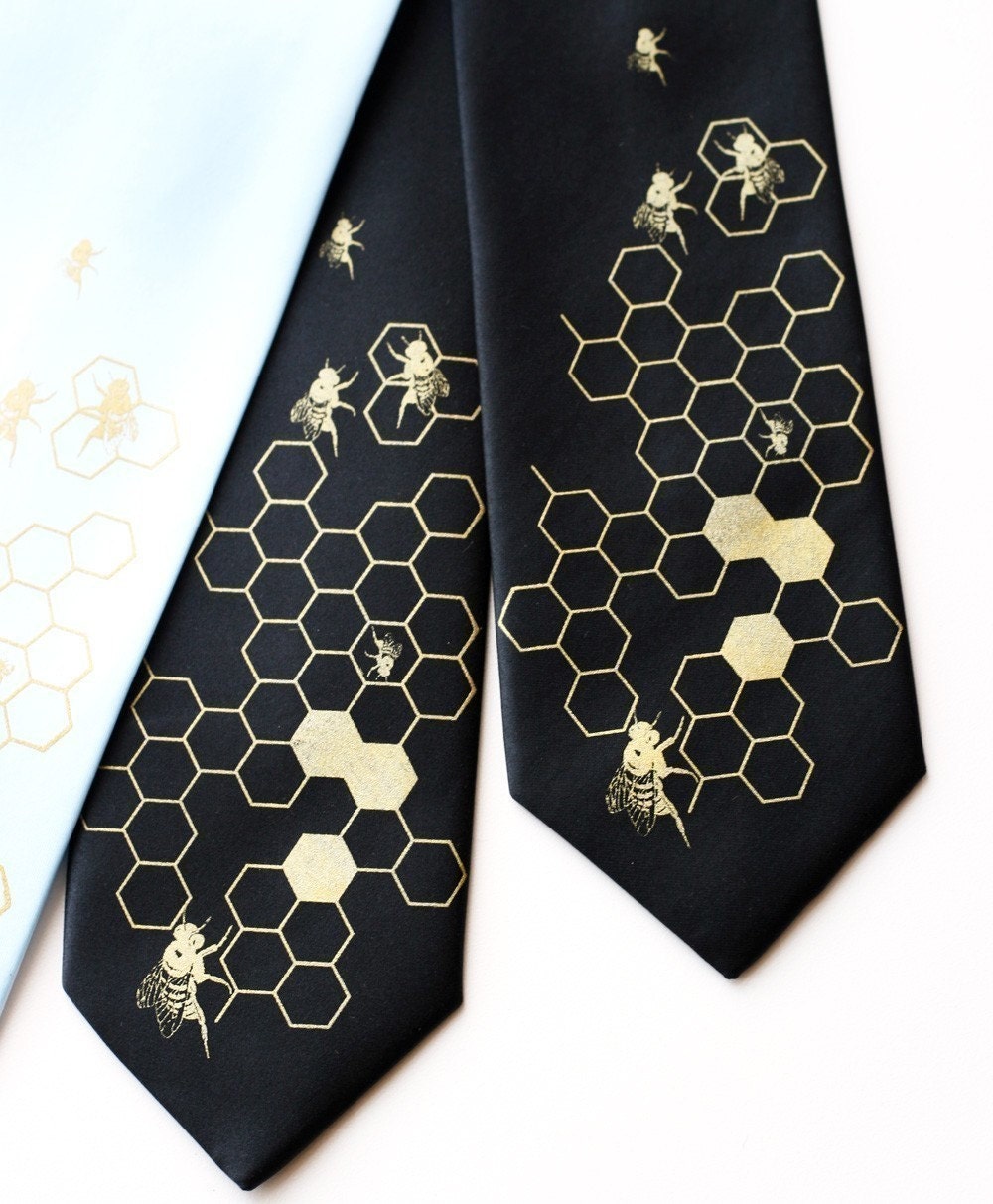 Hive men's necktie - silkscreened bee hive tie. Microfiber. Choose standard or narrow.