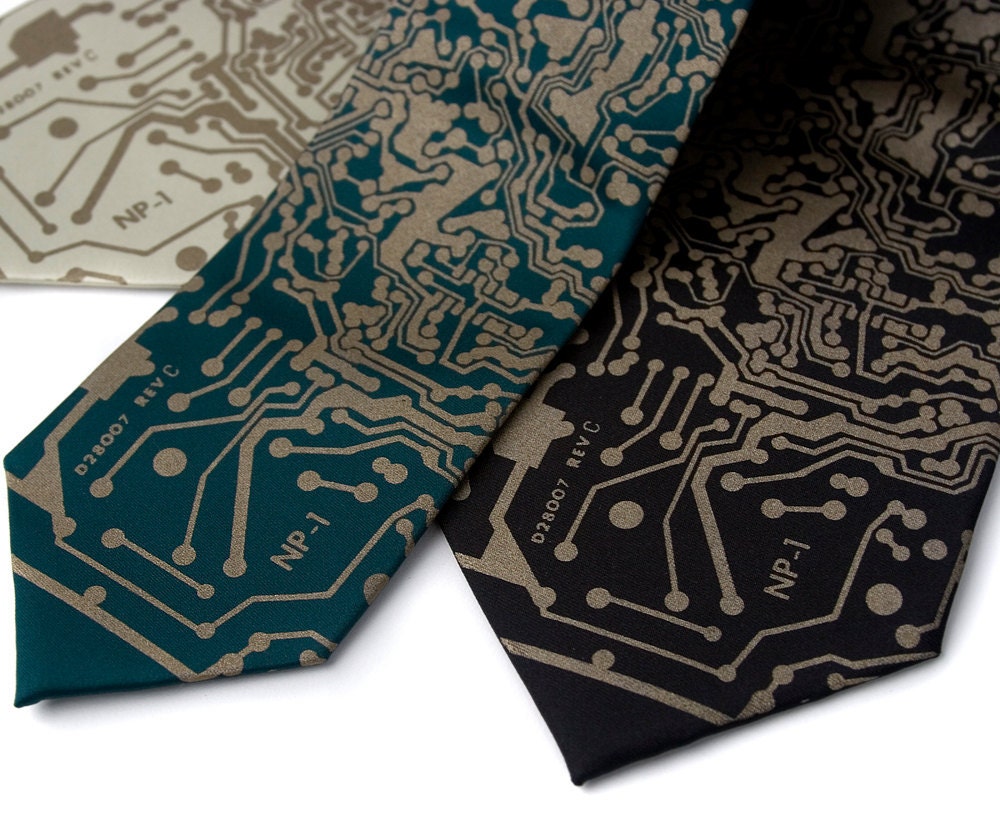 Circuit board computer tie. "Short Circuit" men's necktie. Silkscreened circuit board tie. Antique brass print.